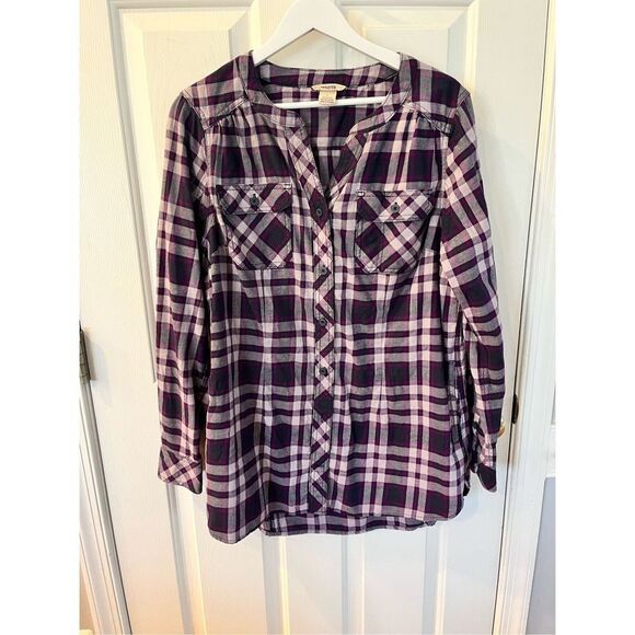 Duluth Trading Purple Flannel Pocketed Button Down Tunic Top sz L EUC - Picture 1 of 9